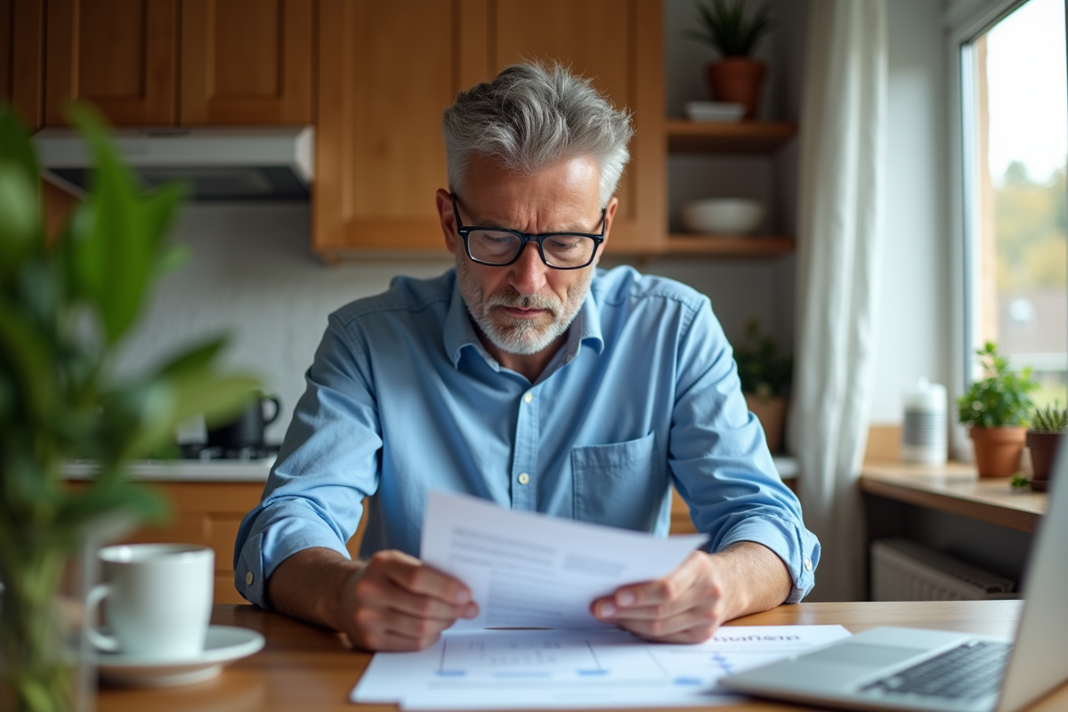 Homme d'âge moyen vérifiant ses documents d'assurance voiture