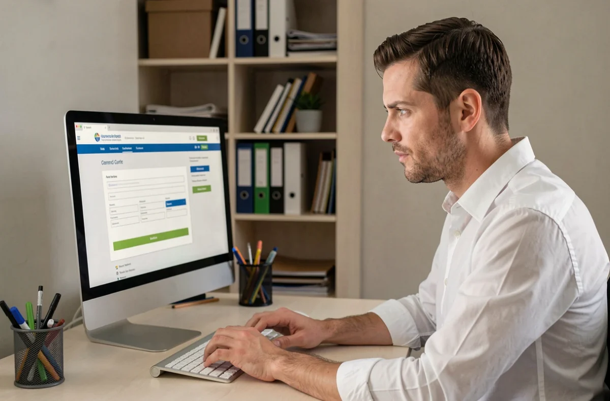 Homme effectuant une demande d'APL en ligne sur le site de la CAF depuis son bureau