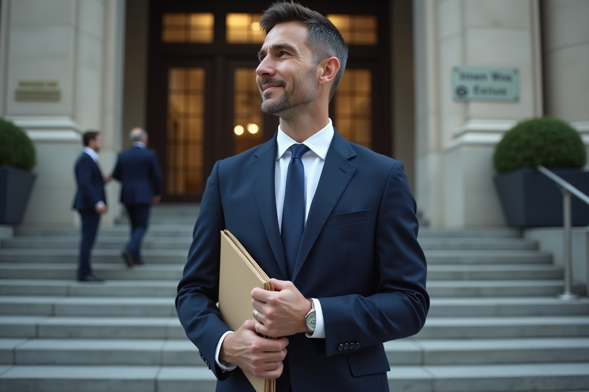 Homme en costume dans un bâtiment administratif urbain