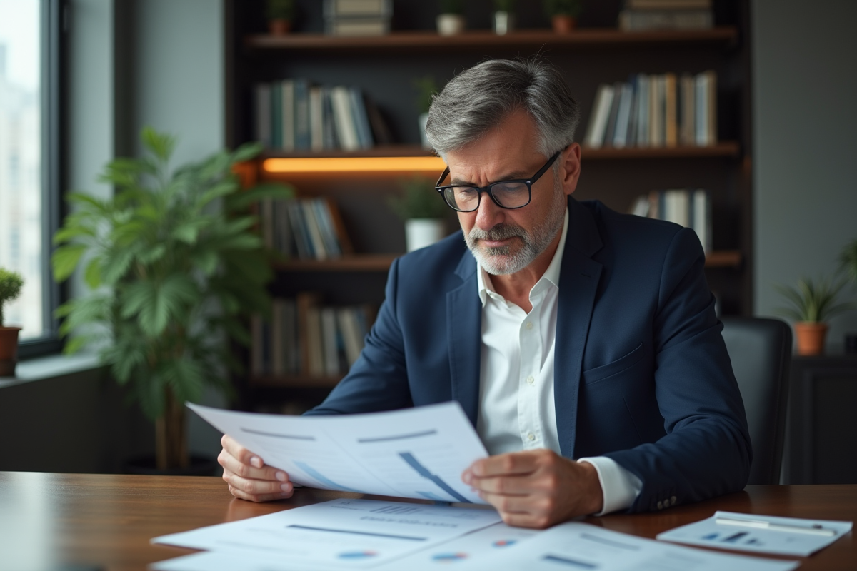 Homme d'âge moyen en blazer dans un bureau professionnel