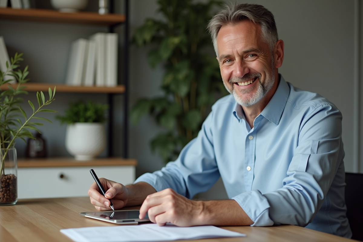 Homme d'âge moyen examinant des documents financiers à la maison