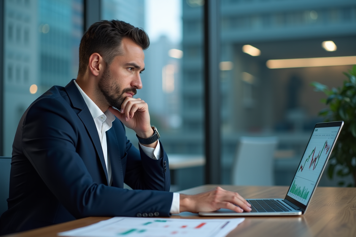 Homme d'affaires concentré analysant un graphique financier