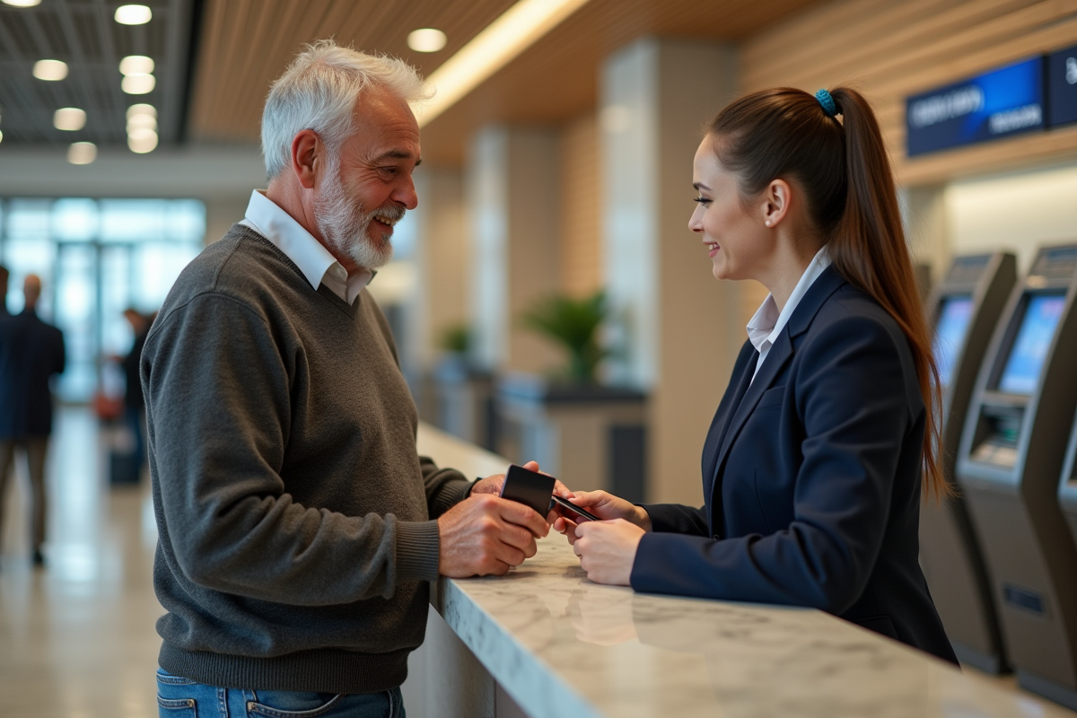 Homme âgé reçoit une nouvelle carte bancaire au guichet de la banque