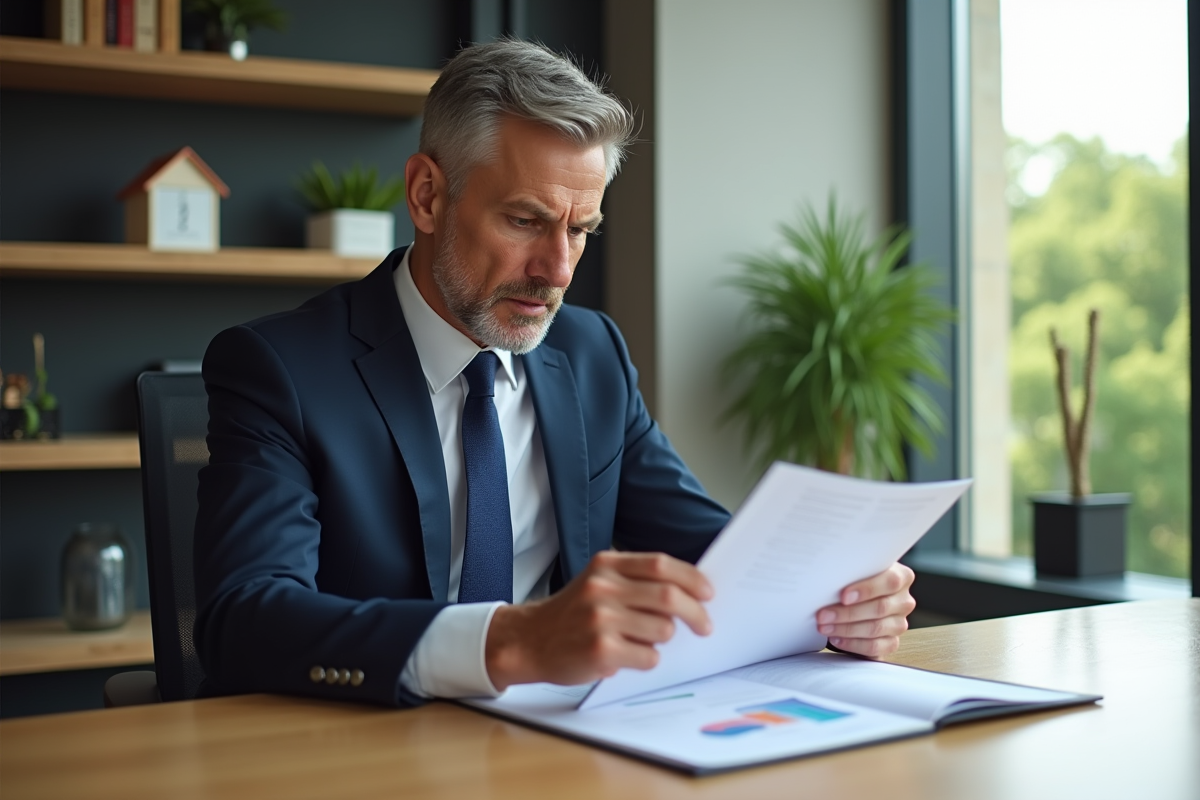 Homme d'âge moyen en costume bleu examine un document immobilier