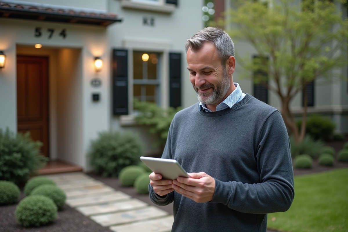 Homme évaluant un bien immobilier avec une tablette