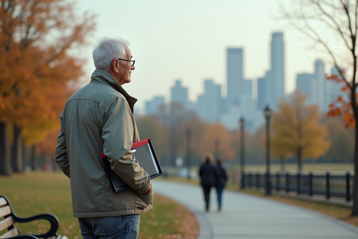 Homme âgé regardant la ville depuis un parc en automne