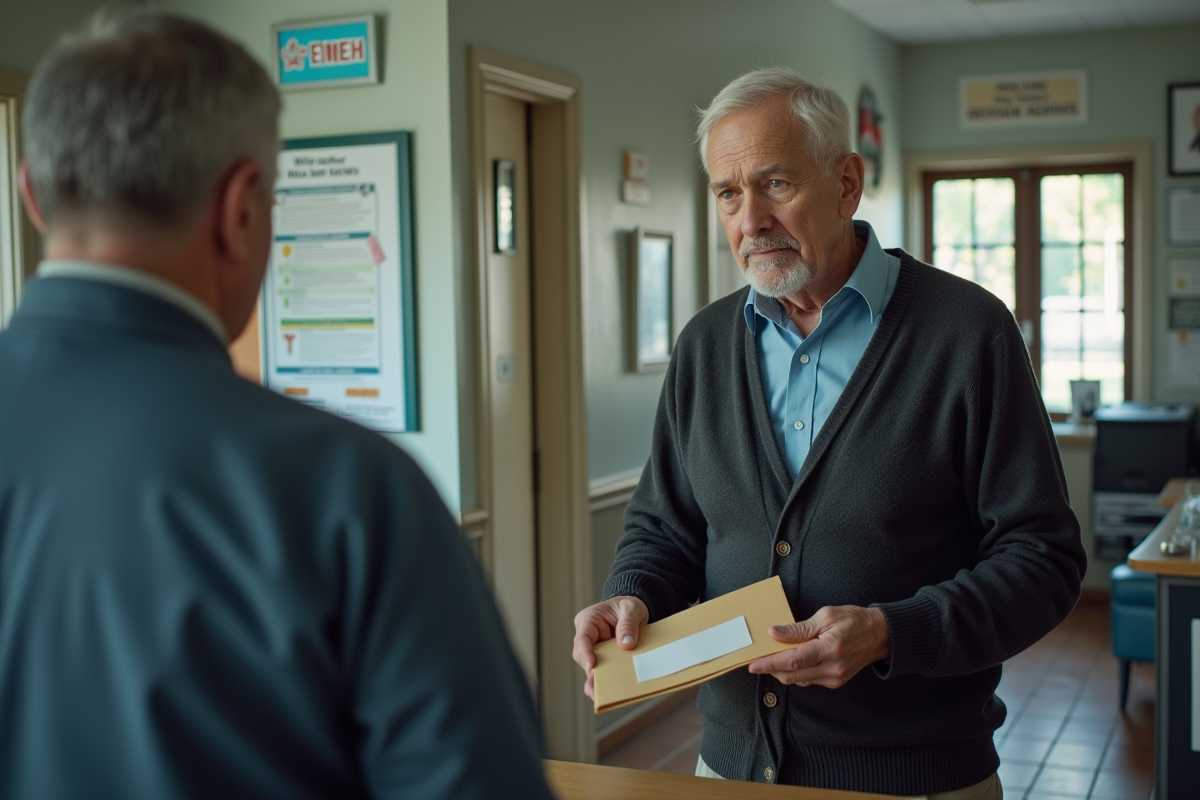 Homme donne une enveloppe à un policier au commissariat