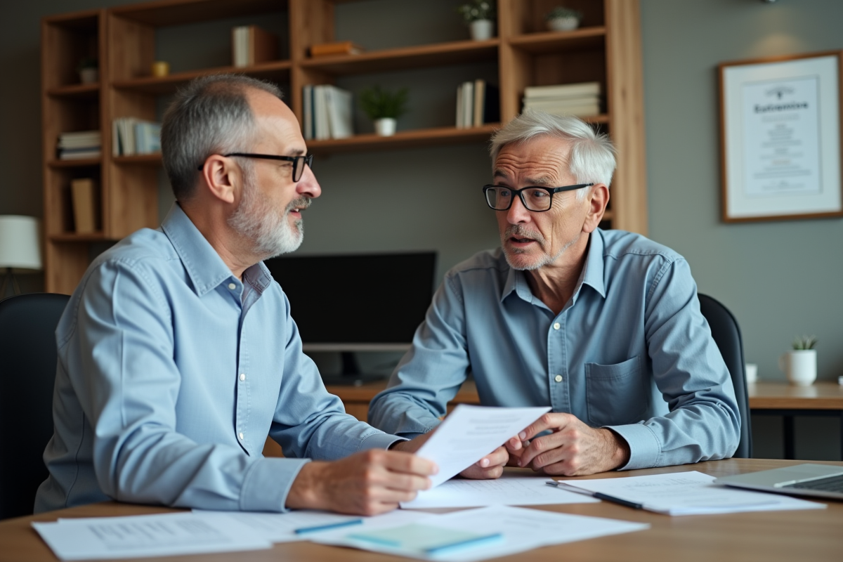 Homme rencontre un conseiller en retraite au bureau moderne