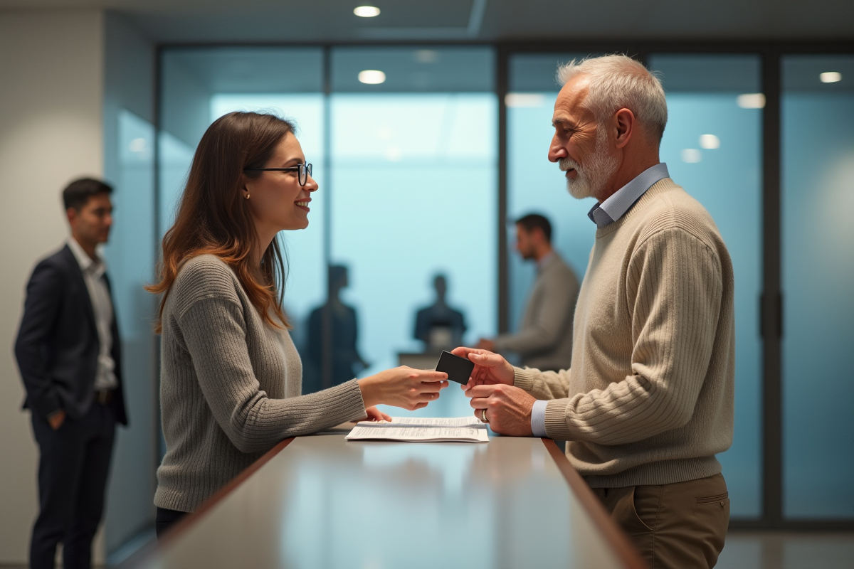 Homme d âge remettant sa carte d identité au guichet bancaire