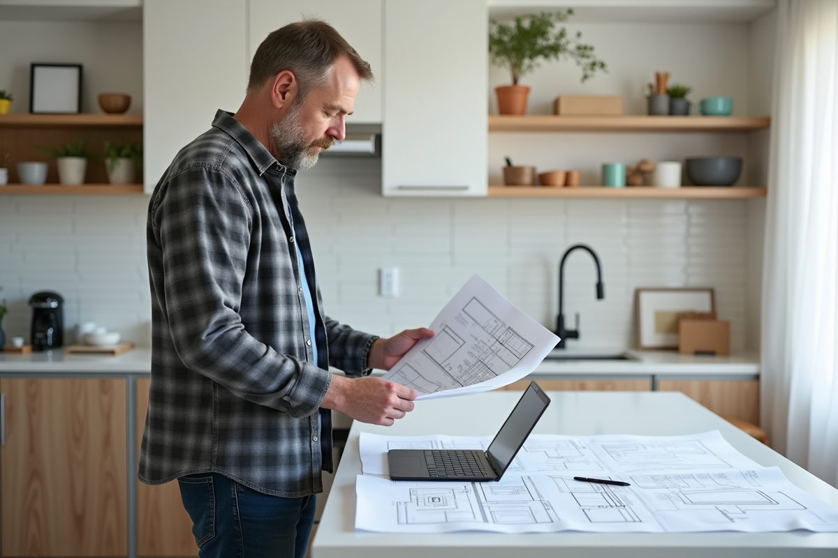 Homme en jeans et chemise à carreaux examine des plans de rénovation