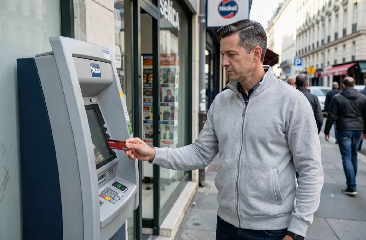 Homme utilisant un distributeur Nickel dans un tabac pour gérer et optimiser son compte