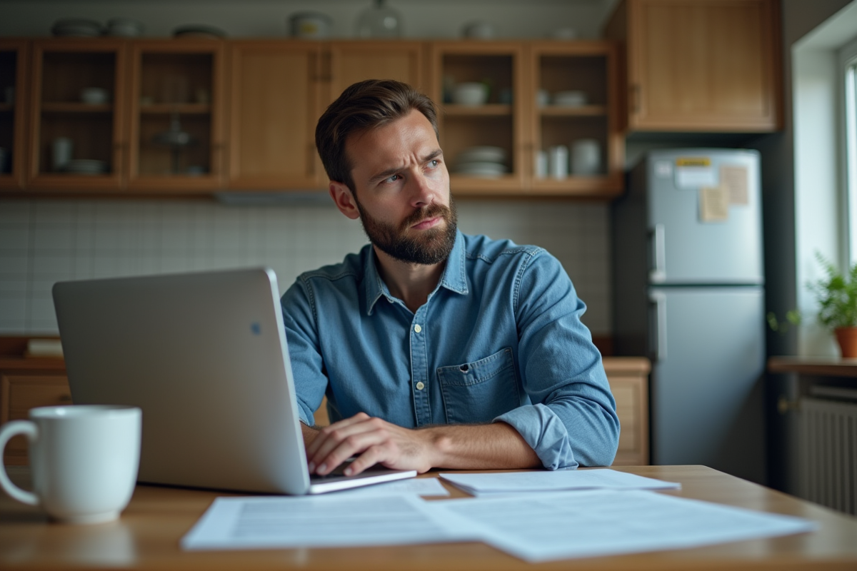 Homme pensif examinant des documents dans sa cuisine
