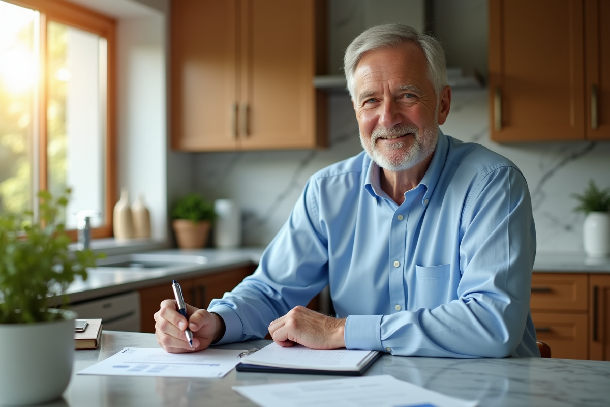 Homme d'âge moyen souriant en revue financière dans la cuisine