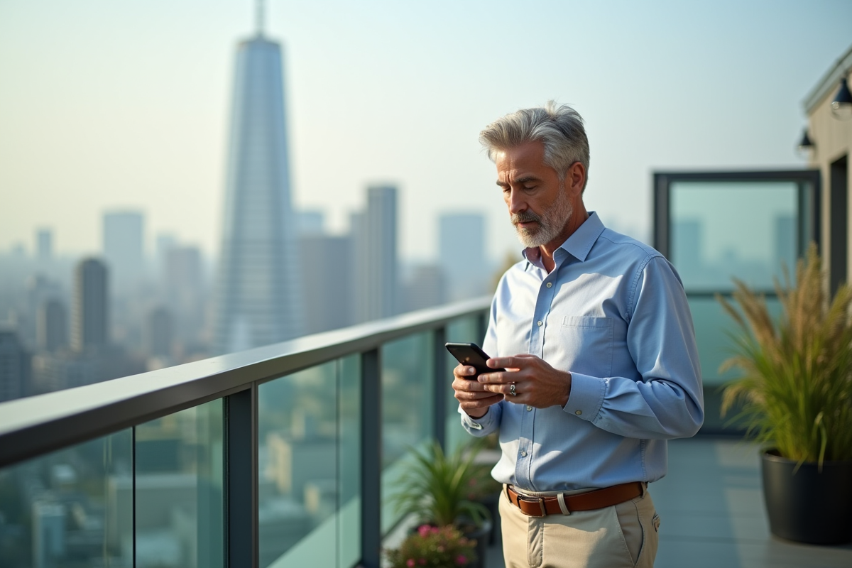 Homme regardant des graphiques boursiers sur smartphone en ville