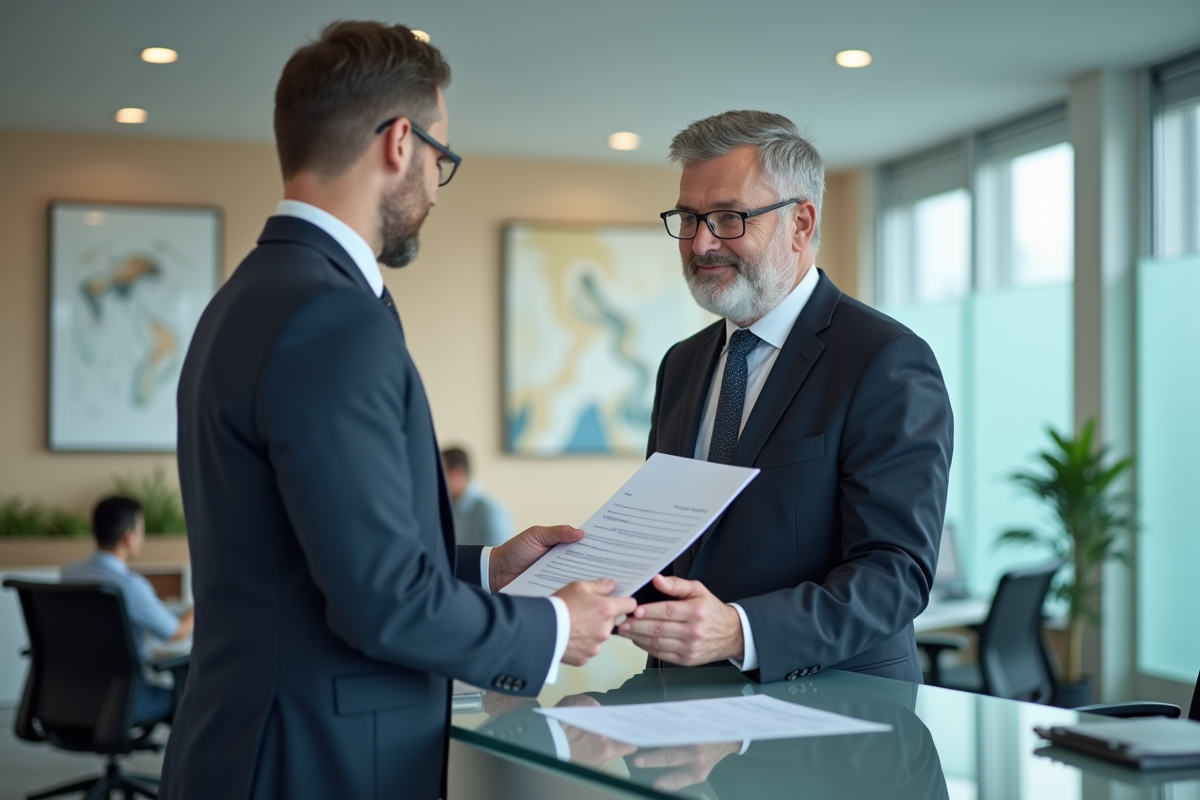 Homme d affaires remet un document signé au bureau