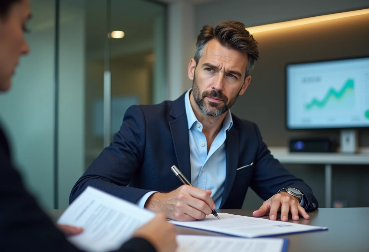 Homme signant des formulaires avec conseiller bancaire