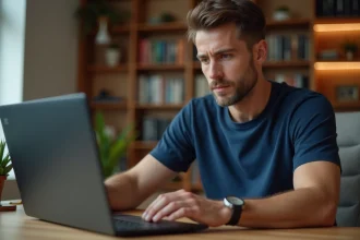 Homme concentré utilisant une stratégie Egraal sur son ordinateur portable à son bureau