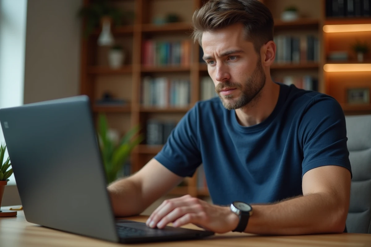 Homme concentré utilisant une stratégie Egraal sur son ordinateur portable à son bureau