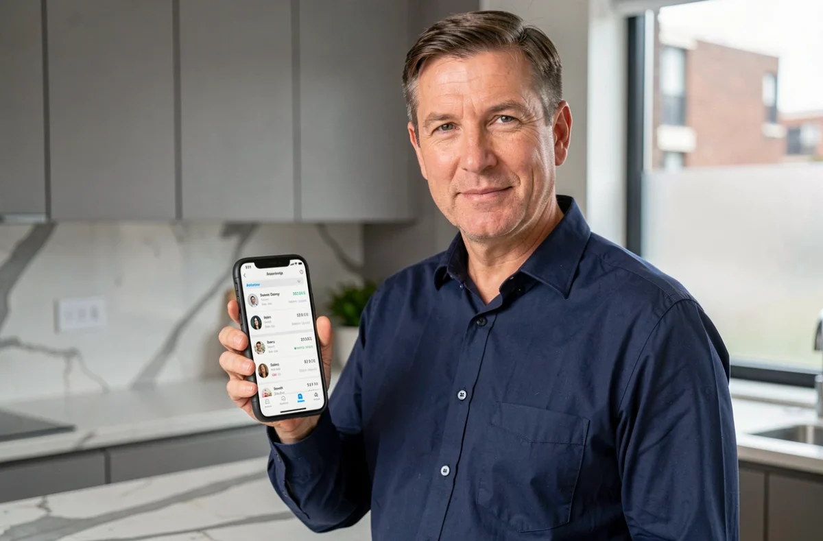 Homme vérifiant ses opérations bancaires courantes sur application mobile bancaire dans une cuisine moderne