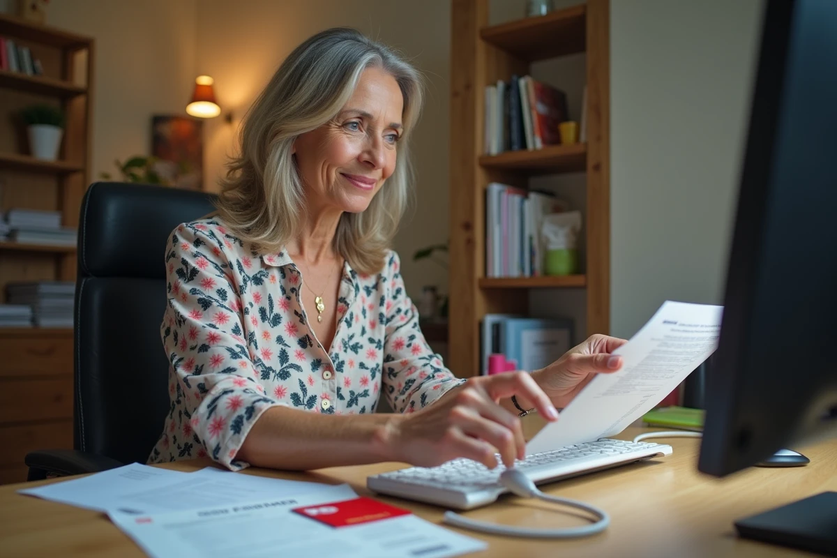 Femme imprimant sa facture Carrefour depuis son ordinateur avec sa carte de fidélité posée sur le bureau