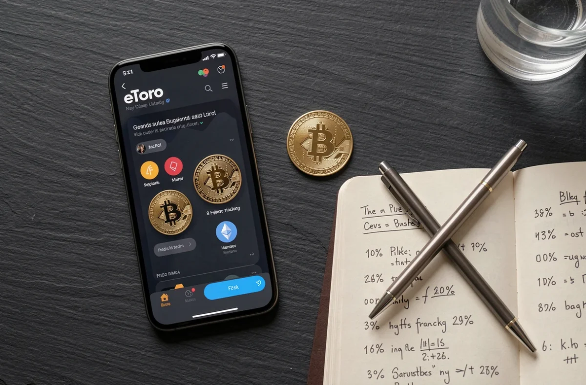 Vue aérienne d'un smartphone affichant l'interface eToro avec une pièce Bitcoin et des notes de trading manuscrites