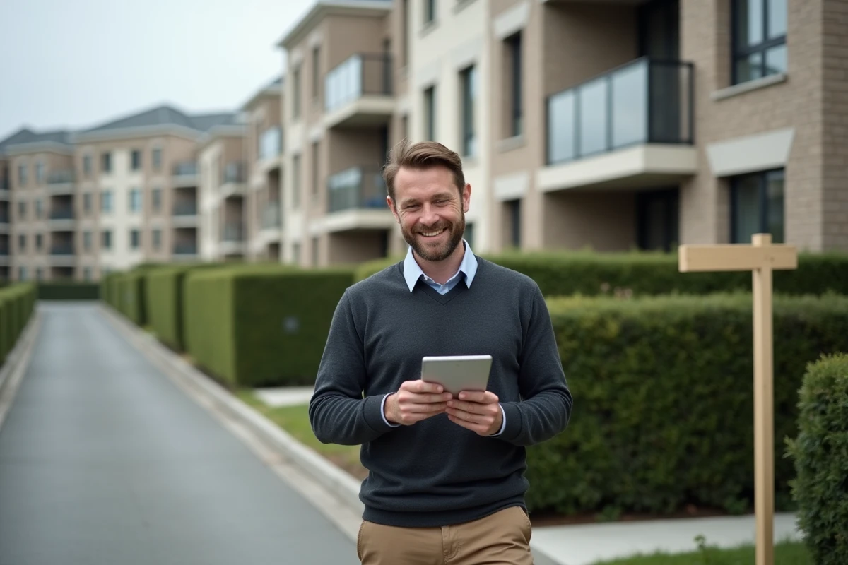 Investisseur immobilier masculin devant un immeuble résidentiel moderne tenant une tablette avec interface de plateforme