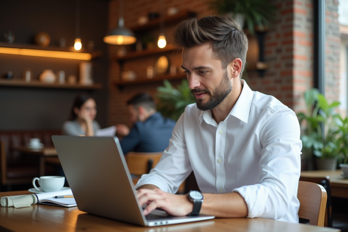 Jeune entrepreneur travaillant sur son ordinateur dans un café