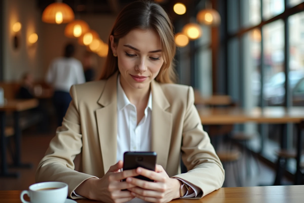 Jeune femme consultant l'application mobile La Banque Postale sur son smartphone dans un café, combinant gestion bancaire et pause quotidienne