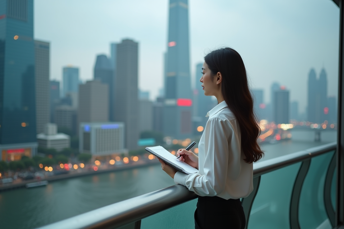 Jeune femme regardant la ville depuis un balcon avec un carnet