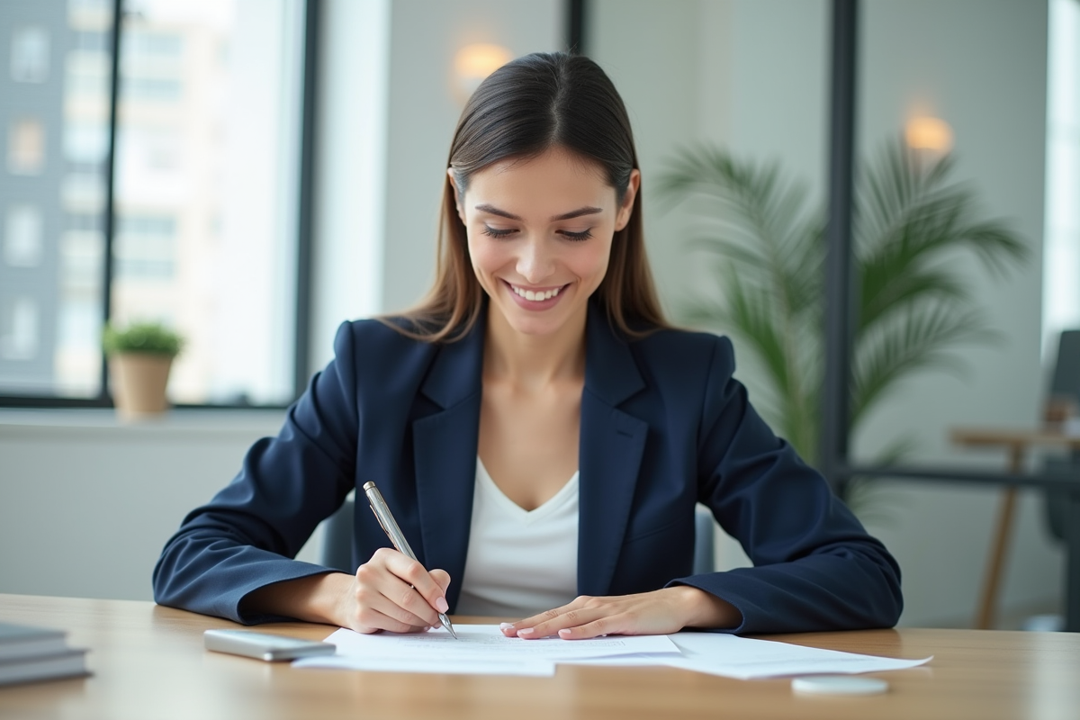 Jeune femme en bureau moderne remplissant des papiers