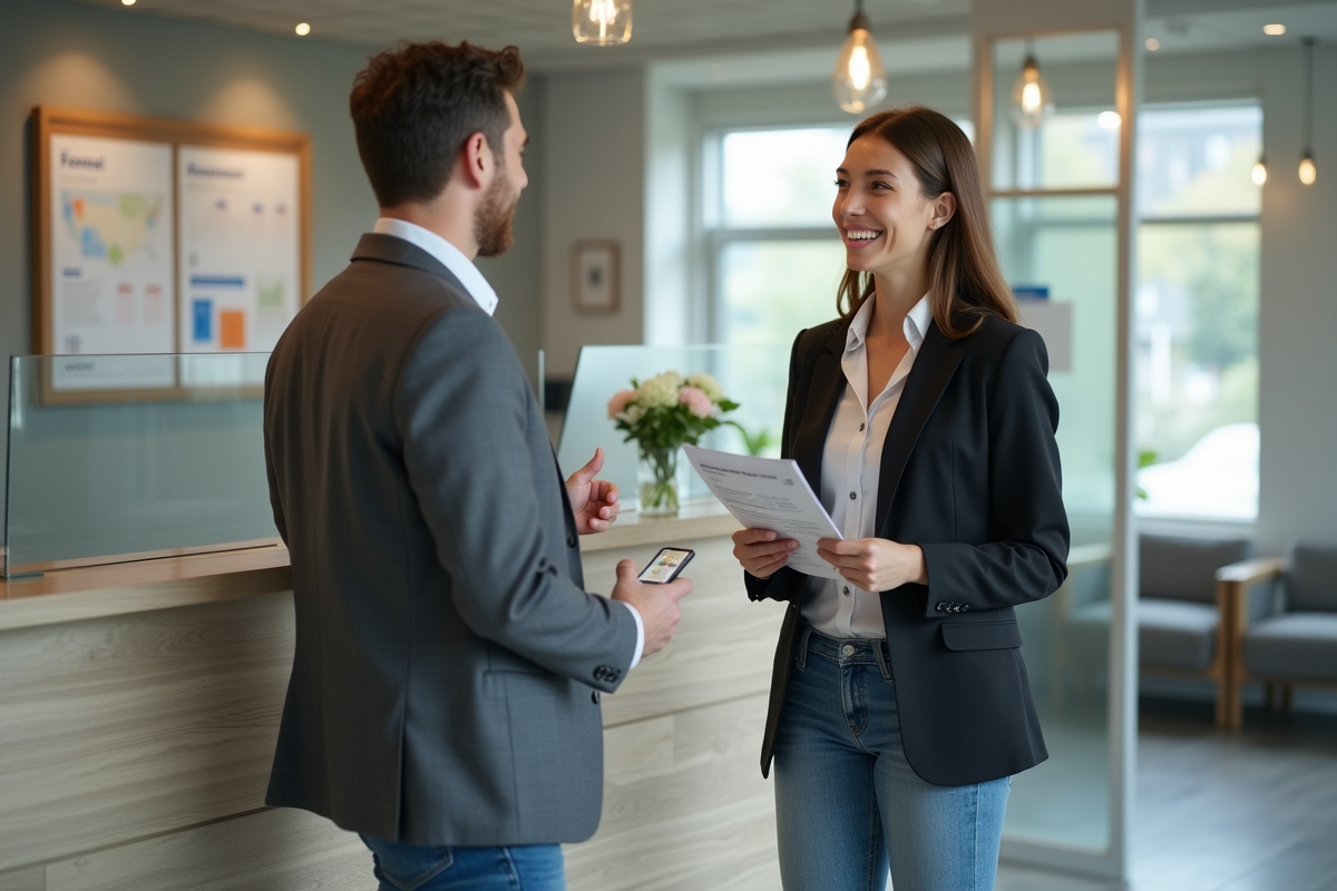 Jeune femme discutant avec un conseiller en assurance dans une agence lumineuse