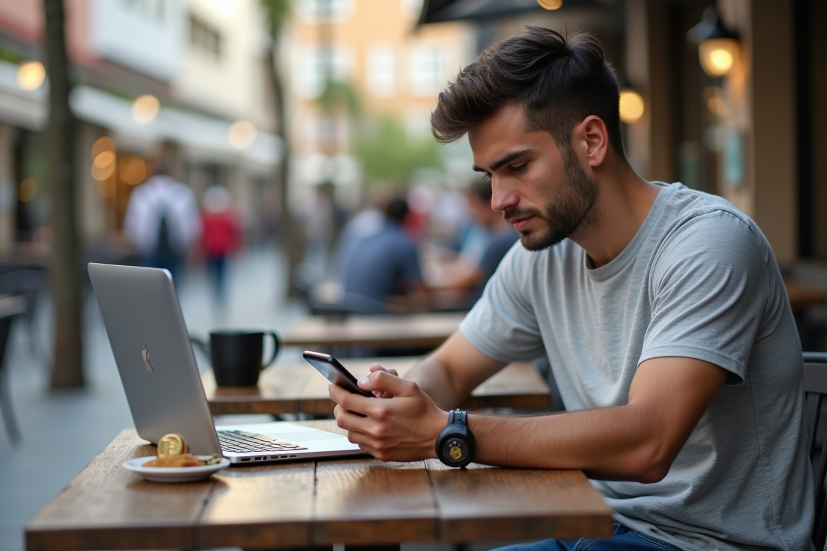 Jeune homme au café vérifiant son smartphone avec une pièce Bitcoin