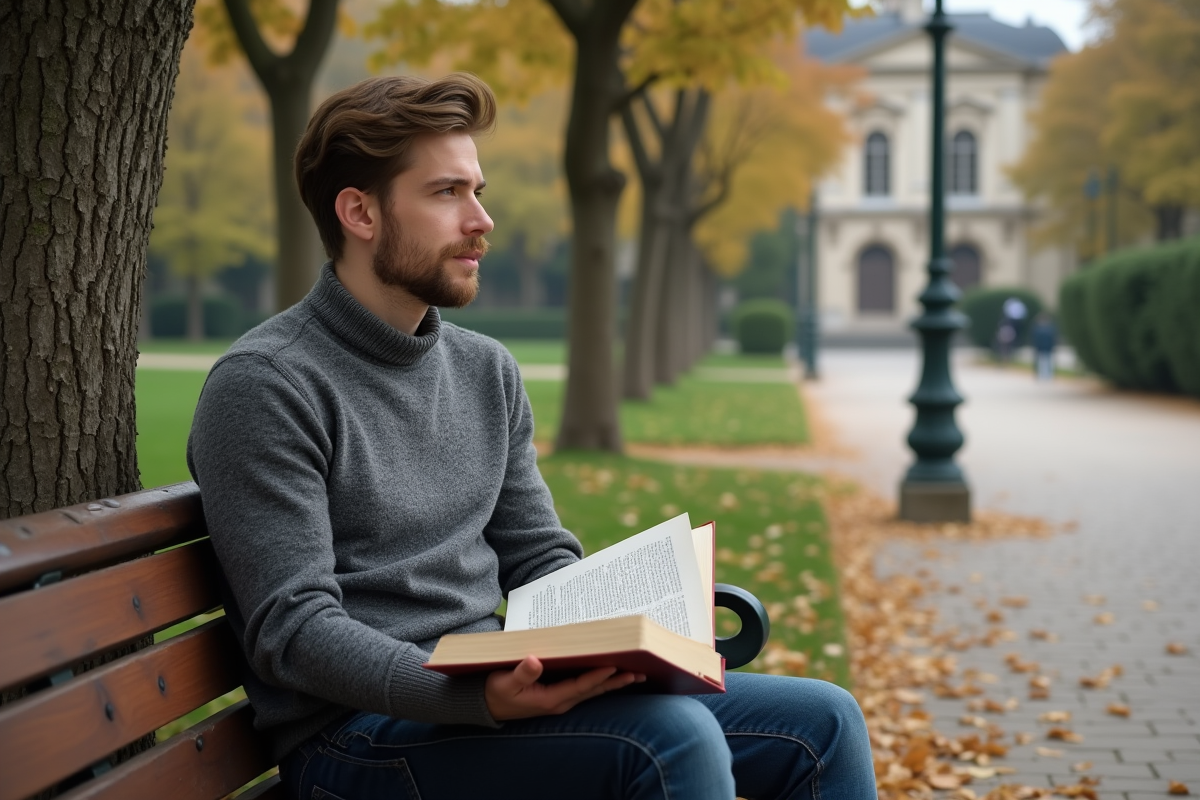 Jeune homme assis sur un banc avec code de loi en plein air