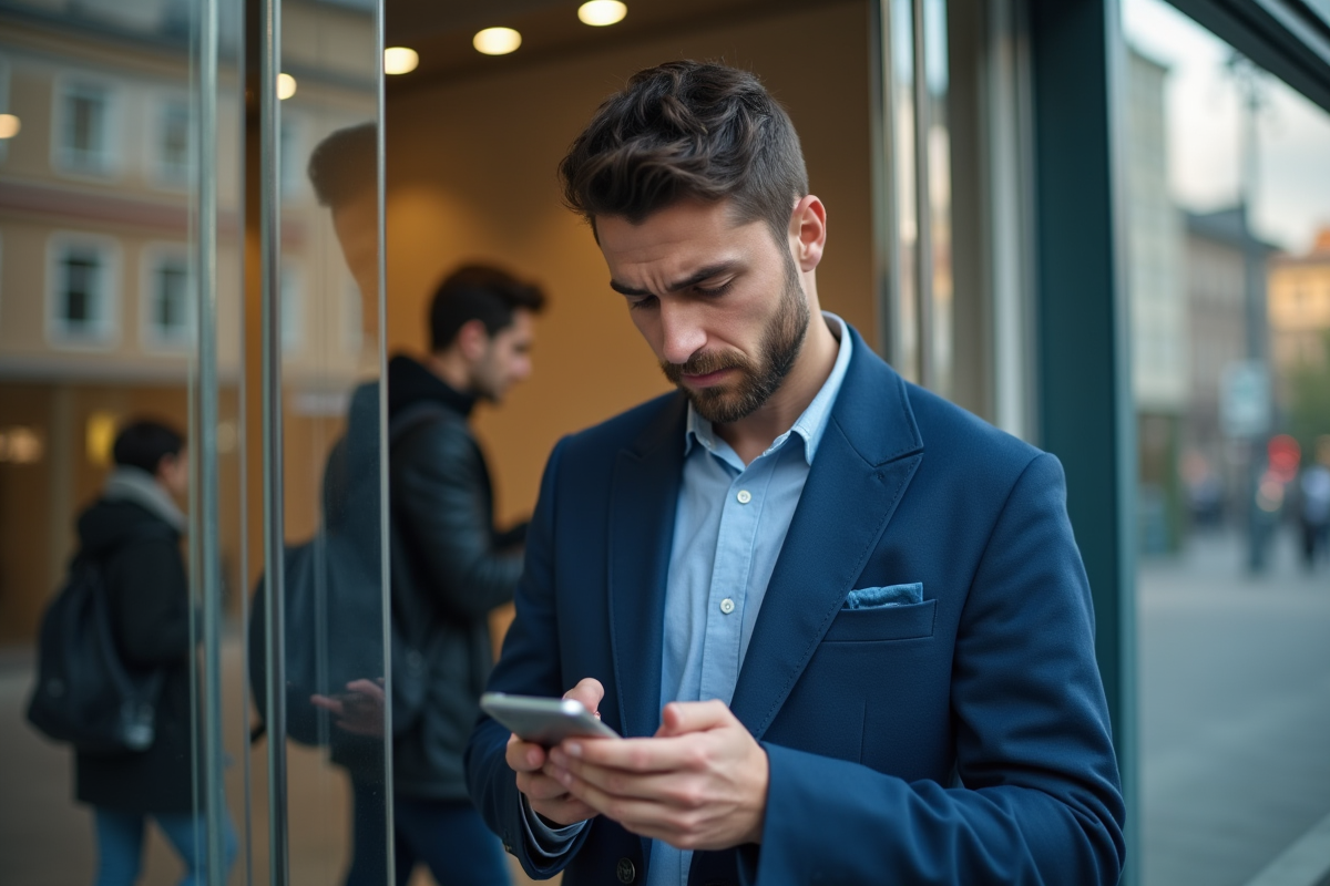 Jeune homme inquiet devant la banque avec smartphone