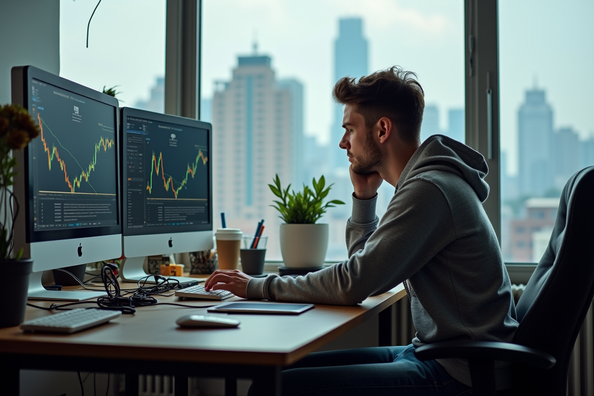 Jeune homme inquiet devant ses écrans de crypto