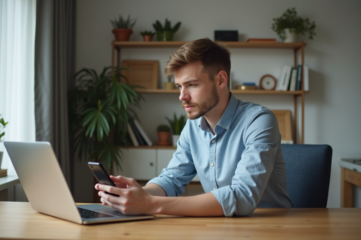 Jeune homme concentré sur son ordinateur dans un appartement moderne