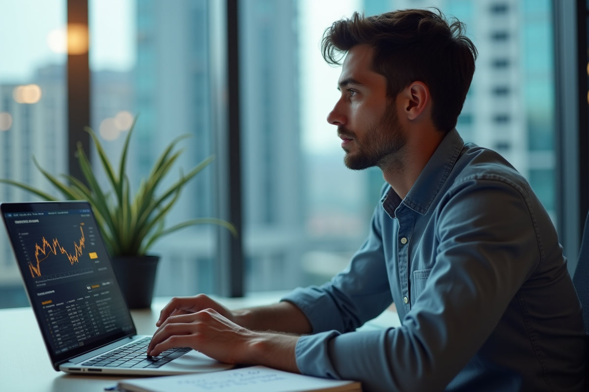 Jeune homme concentré devant un ordinateur de minage crypto