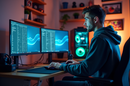 Jeune homme surveillant statistiques blockchain sur PC