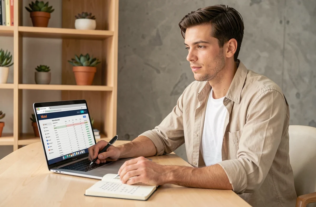 Jeune homme optimisant son espace Nickel sur ordinateur avec un tableau de budget personnel