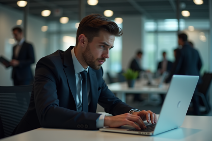Jeune homme d'affaires anxieux face &agrave; un ordinateur avec alerte
