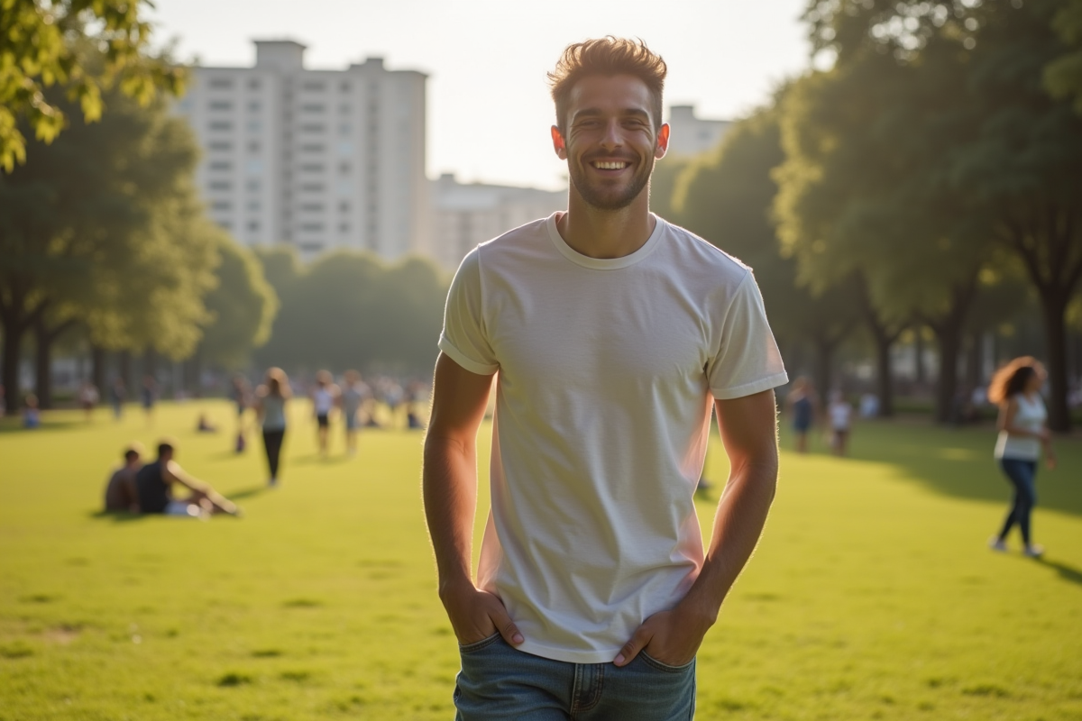 Jeune homme souriant dans un parc ensoleille