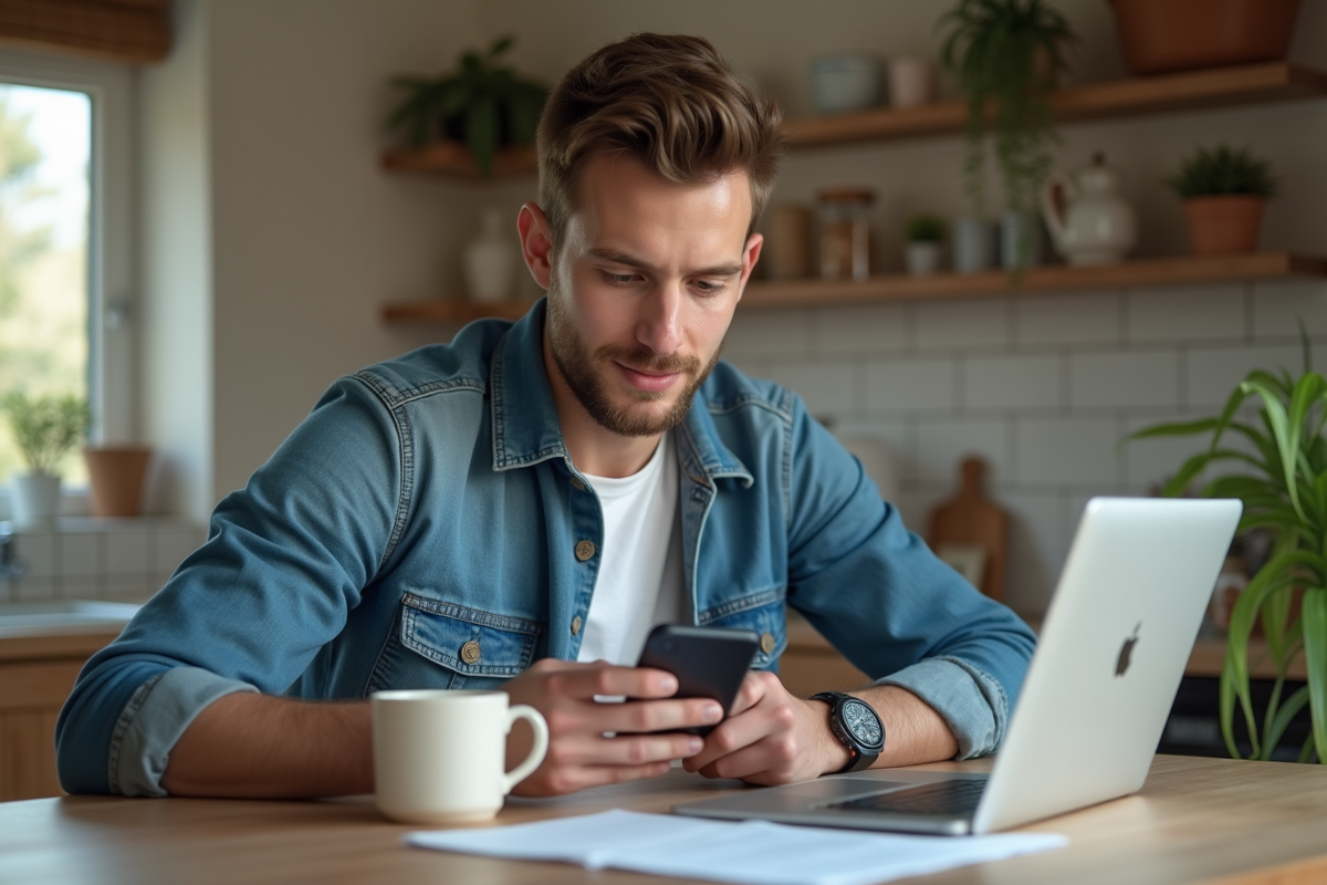 Jeune homme utilisant son smartphone à la maison