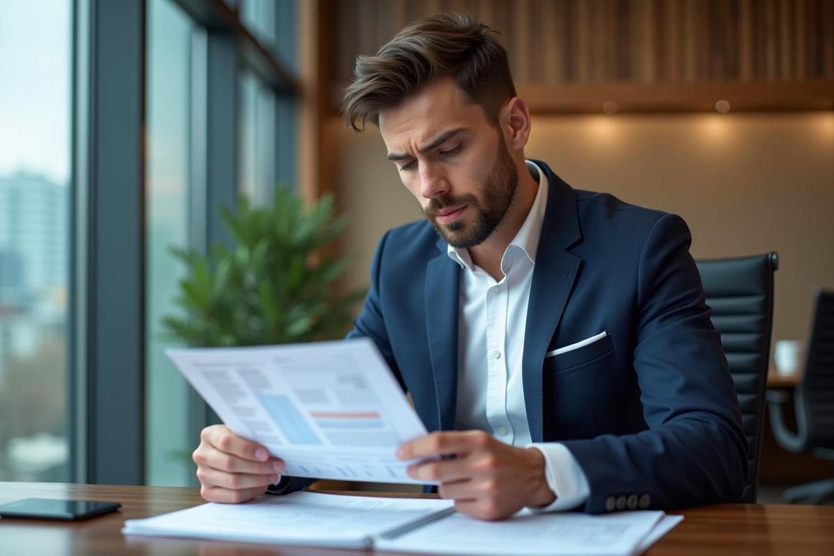 Jeune homme en costume bleu examine un rapport salarial