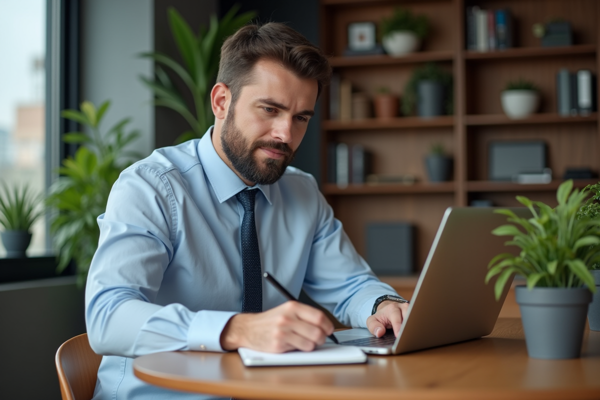 Jeune homme professionnel travaillant à domicile avec ordinateur