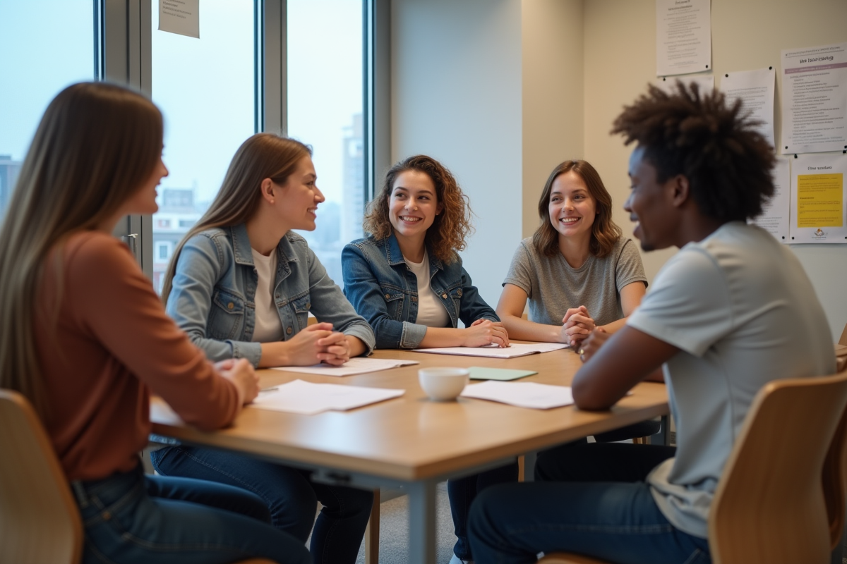 Groupe de jeunes adultes discutant dans un centre communautaire