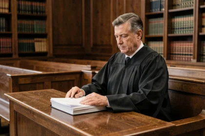 Juge en robe noire examinant des documents judiciaires dans une salle d'audience formelle pour calculer une condamnation pécuniaire