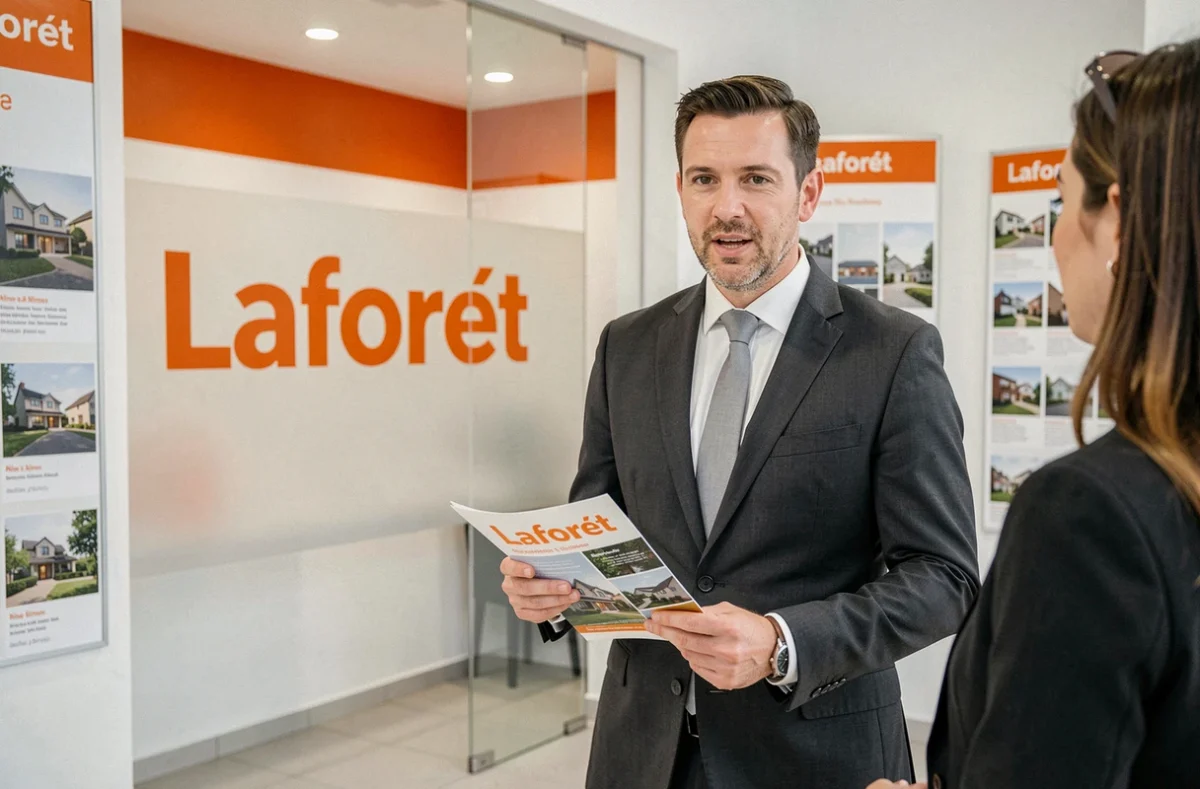Agent immobilier de Laforêt Nîmes en agence devant une vitrine aux couleurs orange et blanc, tenant une brochure de bien immobilier
