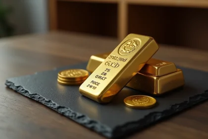 Lingots d'or 24 carats empilés sur ardoise avec pièces d'or, représentant le cours du gramme d'or en 2026