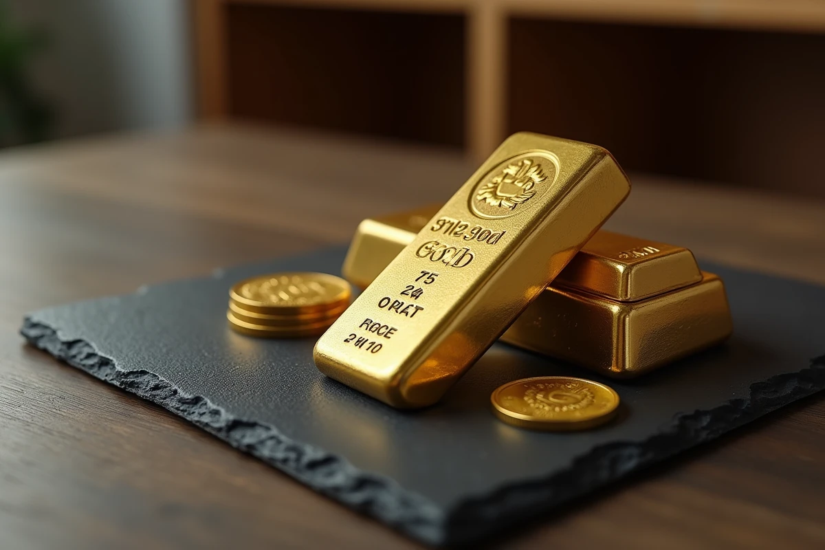 Lingots d'or 24 carats empilés sur ardoise avec pièces d'or, représentant le cours du gramme d'or en 2026