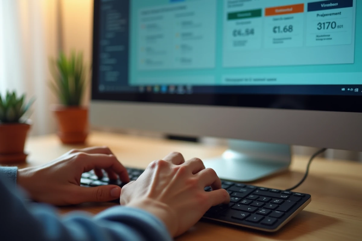 Mains tapant sur un clavier pour paramétrer des virements et prélèvements sur l'interface bancaire Société Générale en ligne